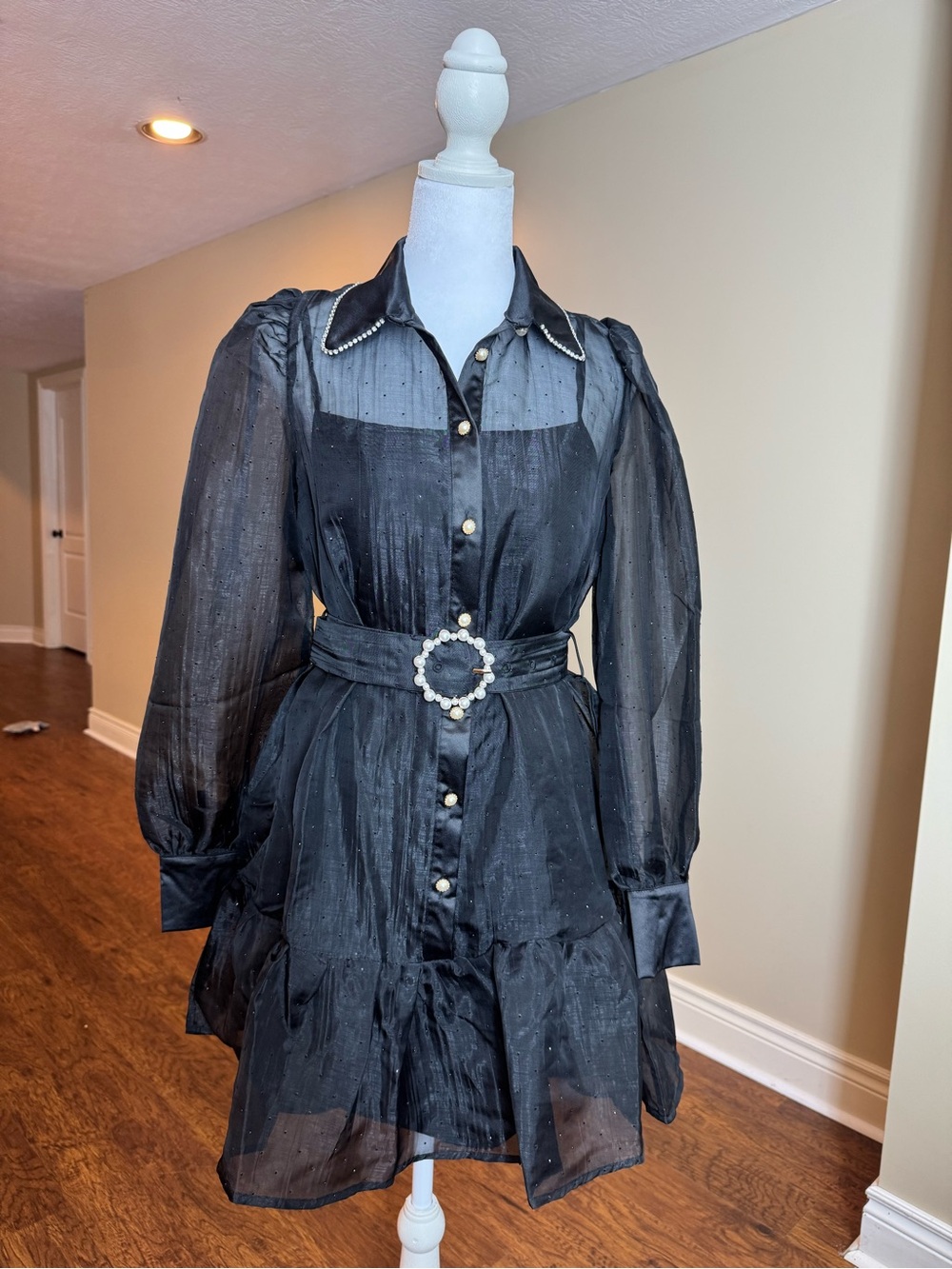 Fashion Nova Black Sheer Pearl-Accented Shirt Dress with a Pearl Belt